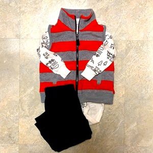 Carter’s Stripe Fleece Vest, White Winter Print Onesie, Black Sweatpant …